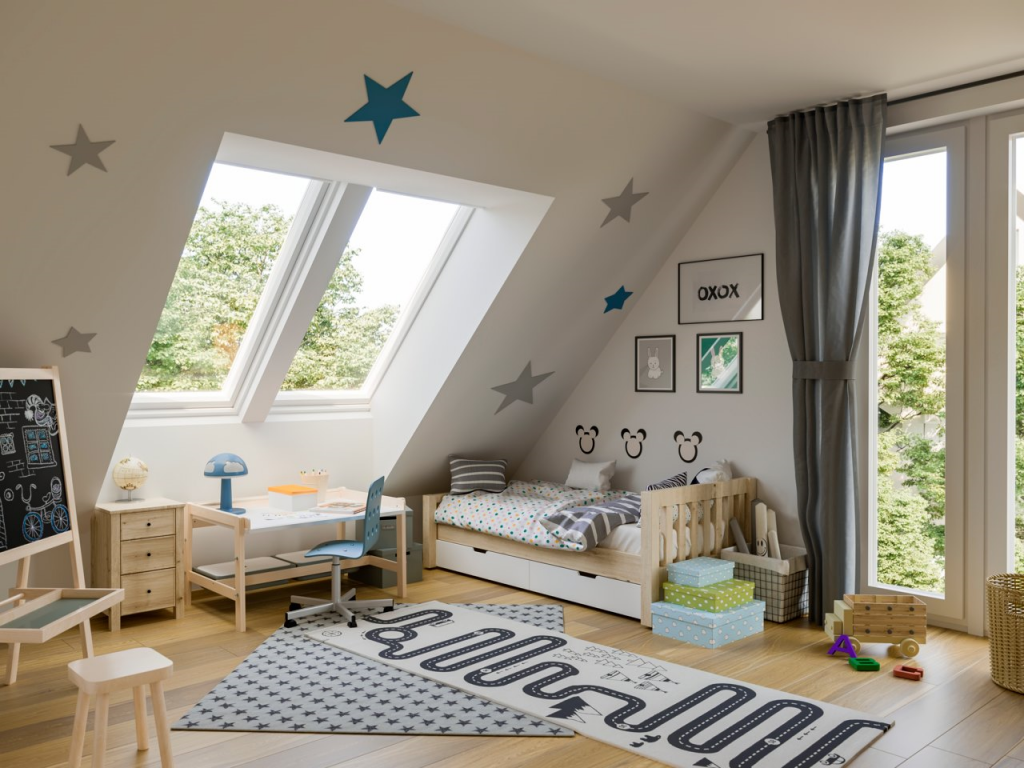 combinaison jumo de 2 VELUX posés cotes à cotes dans une chambre d'enfant